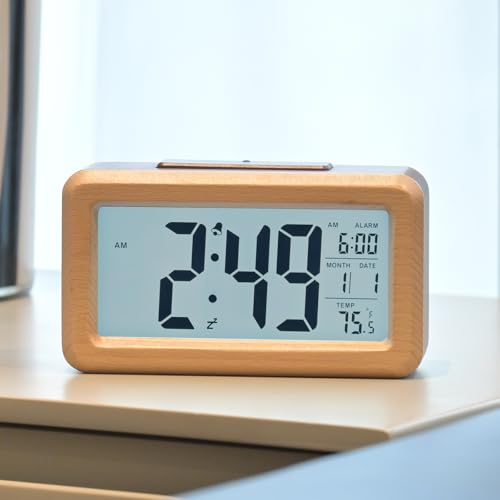 デジタル目覚まし時計 電池式 木製置き時計 温度検出電子時計 持ち運びが容易、寝室、ベッドサイドテーブル、机、オフィス、子供、家族に適しています (ブラウン)