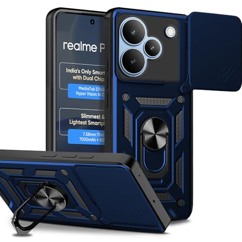 Image of AESTMO Tough Armor Realme P4 5G Bumper Back Case Cover | Ring Holder & Sliding Camera Shield Cover | 360 Degree Protection Back Case Cover for Realme P4 5G (Blue)