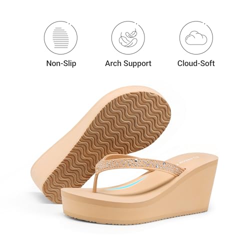 DREAM PAIRS DREAM PAIRS Women's Platform Flip Flop Rhinestones Arch Support Comfortable Soft Cushion Wedge Flip Flops Summer Thong Sandals,Size 9,Nude,SDFF2222W
