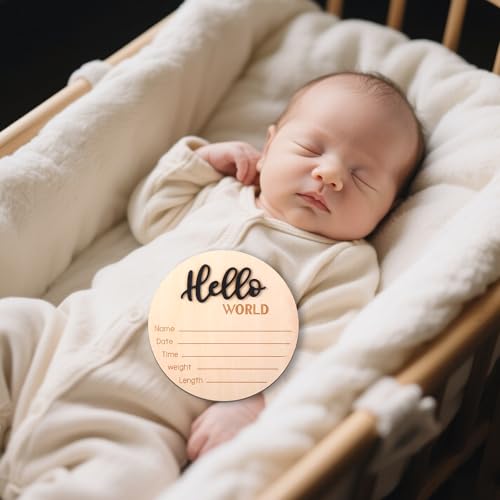 Image of Wooden Baby Announcement Sign, 5.9 Inch Hello World Newborn Sign, Hospital Birth Stat Plaque, Hospitals, Homes, Nurseries, Suitable for Newborn Boys and Girls, Birth Souvenir (Black)