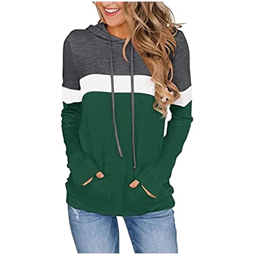 PBNBP Women's Color Block Pullover Hoodies with Pockets Athletic Sweatshirts Drawstring Hooded Tops Long Sleeve Casual Blouse A02_gray Large