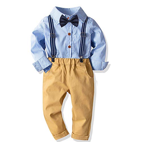 Baby Boys Gentleman Pants Clothing Set Long Sleeves Stripe Shirt+Suspender Pants+Bow Tie Toddler 4Pcs Set (Blue, 3-4T/100)