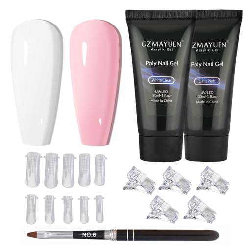 GZMAYUEN Poly Ongle Gel Set, 30ml Blanc/Rose UV Extension Gel , avec Brosse et Capsules pour Ongles, Nail Builder Gels de Construction Ongle pour Beginner...