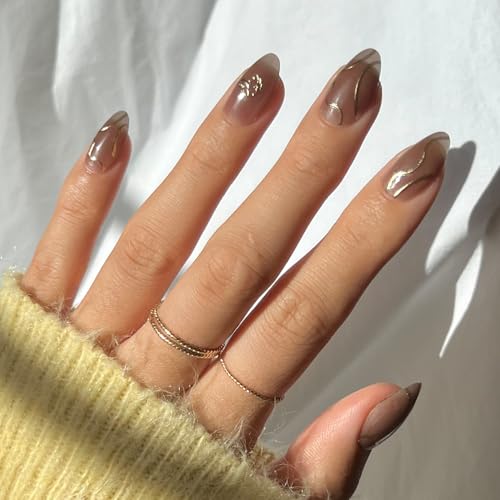 Harry Potter™ x Glamnetic Press On Nails - Golden Cup™ | Semi-Transparent Brown 3D Gold Graphic Short Almond Fake Nails in a Chrome & Glossy Finish | 15 Sizes - 30 Nail Kit with Glue