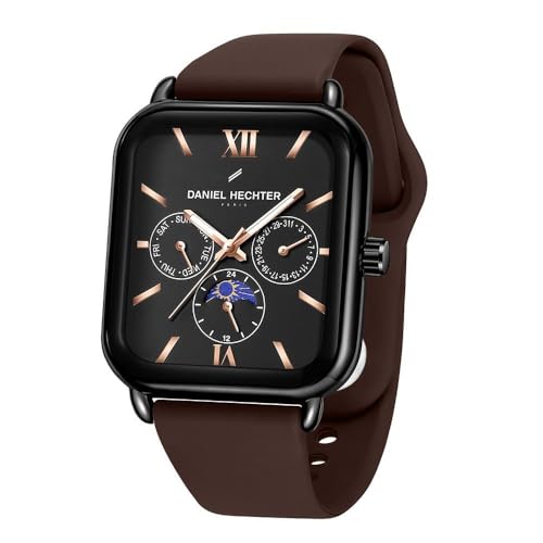 Image of Daniel Hechter Paris Montmartre Unisex Multifunction Square Watch - Black Dial with Day-Date & 24-Hour Subdials, Moonphase Display, Sustainable Silicone Strap