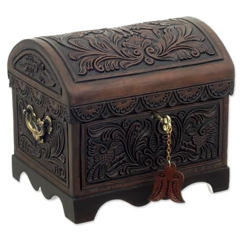 NOVICA Brown Bird Theme Treasure Chest Tooled Leather and Wood Decorative Box, Andean Flight Cover