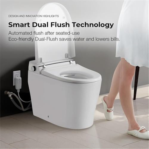 Pemberly Row Inodoro inteligente con bidé, descarga dual, tanque incorporado, asiento térmico, recubrimiento cerámico, pre-rocío, tazón alargado, control remoto, accesorio moderno para baño miniatura 2