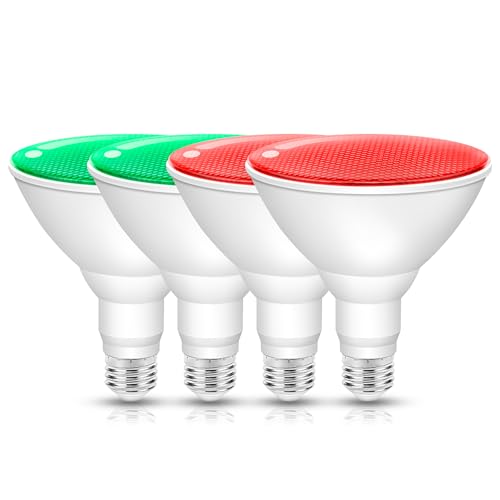 JandCase Red and Green Christmas Light Bulbs Outdoor, LED PAR30 Flood Lights 12W(100W Equivalent), E26 Colored Light Bulbs for Porch Lighting, Party Decor, Courtyard, Not-Dimmable, 2 Pack