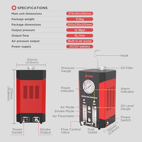 Auto-Rauchtester, SDT206-Rauchmaschine, Auto-Rauchtester mit zwei Modi, EVAP-Rauchmaschine,Rauchvakuum-Lecksucher,Kraftstofflecksucher mit Druckmesser,einstellbarer Durchflussmesser für 12-V-Fahrzeuge