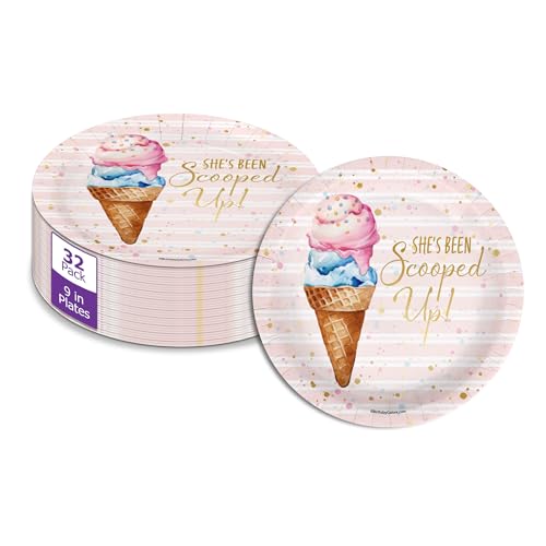She's Been Scooped Up Bridal Shower - 32 Piece Disposable Party Supplies - Scoops Ice Cream Bridal Shower Decorations - Round Party Plates - Large 9