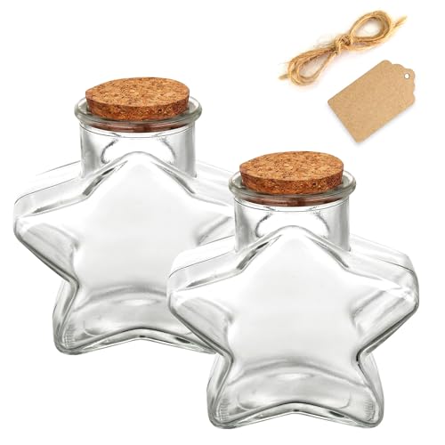 WHJY 2 pack 11oz Star Shaped Jar with Cork Lid Glass Star Jar for Home Decor Glass Paper Star Container with Cork Lid for Decoration DIY Craft