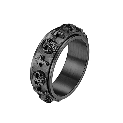 KnBoB 8MM Herren Ringe Modeschmuck, Schwarz Totenkopf Kreuz Spinner Ring Edelstahl Fidget Ring Größe 70 (22.3) Cover