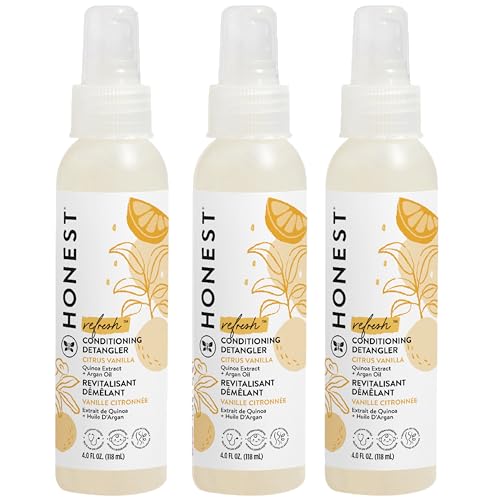 Image of The Honest Company Conditioning Hair Detangler 3-Pack Leave-in Conditioner and Fortifying Spray, Tear Free Cruelty-Free, Hypoallergenic, Citrus Vanilla Refresh, 4 fl oz, pack of 3