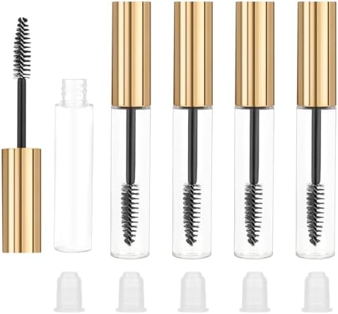 5PCS Empty Mascara Tube and Eyelash Wand, 10ml Eyelash Cream Container Bottle, Clear Mascara Containers, Eyelash-Wands with Tube for Castor Oil, Eyebrow Growth Serum and Coconut Oil (Gold)