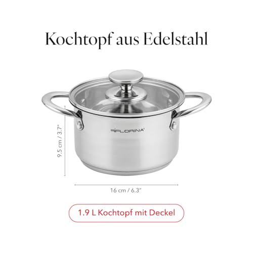 FLORINA Edelstahl Topf 1,9 l 16 cm Durchmesser I Energiesparender Kochtopf FALCON I Topf mit Glasdeckel und Messskala I 3-lagiger Boden gleichmäßige Wärmeverteilung I Ideal für alle Herdarten 3