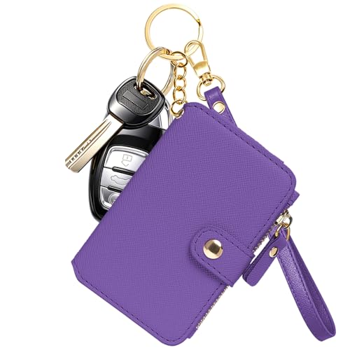 Image of M-Plateau RFID Blocking Keychain Wallet With Leather Wrist Strap | Keychain Wristlet, Womens Card Holder with Zipper Coin Pocket and ID Window (Purple)