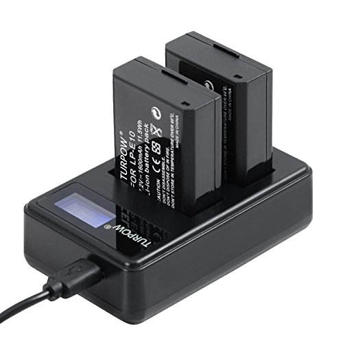 Turpow LP-E10 - Cargador de batería compatible con Canon EOS Rebel T3 T5 T6 T7 T100 1100D 1200D 1300D 1500D 2000D 3000D 4000D Kiss X50 X70 X80 X90 (2 unidades, 1,6 Ah)