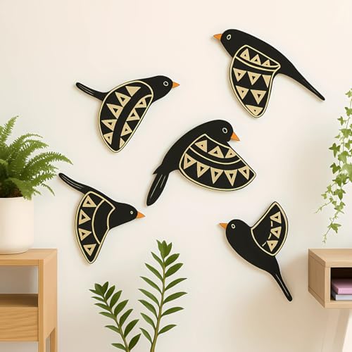 Image of GiftOday Wooden 3D 5 Pieces Birds for Wall Art Panel | Wood Bird Folk Art Wall Hanging Art Decoration Item for Living Room, Bedroom, Drawing Room, Dining Room & Office (Black) Pack of 1