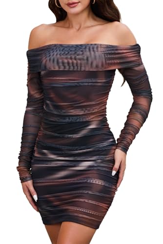 ABMOIU Women's Sexy Off Shoulder Long Sleeve Mini Dress Party Club Ruched Print Bodycon Dresses