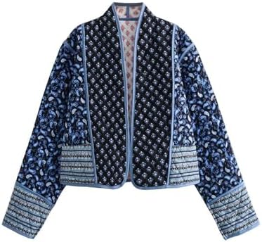 YKR Women's Cropped Puffer Jacket Floral Print Quilted Puffer Jackets Open Front Lightweight Short Jacket Trendy