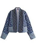 YKR Women's Cropped Puffer Jacket Floral Print Quilted Puffer Jackets Open Front Lightweight Short Jacket Trendy Blue L