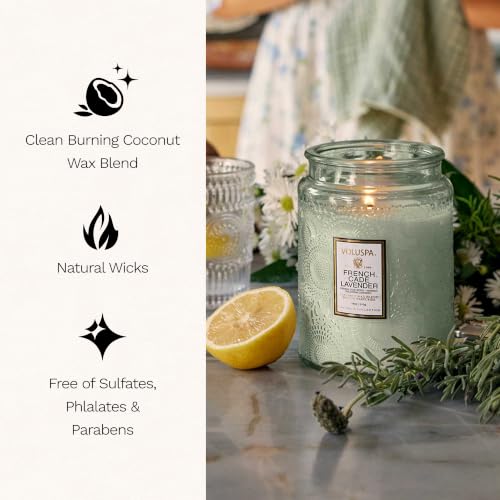 Image of Voluspa French Cade Lavender Large Scented Candle Jar 18 Oz, 100 Hr Burn | Coconut Wax Blend in Decorative Glass, Clean Even Burn, USA Handcrafted Gift for Hosts, Fragrance Lovers & Relaxed Rooms
