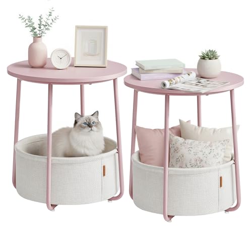 Image of VASAGLE LILEA Collection - Small Round Side End Table, Modern Nightstand with Fabric Basket, for Living Room, Bedroom, Set of 2, Jelly Pink and Cream White ULET225SA01S