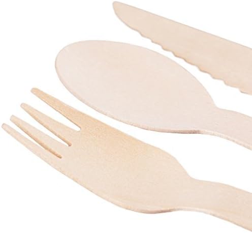 Disposable Wooden Cutlery Set 200 Pieces: 50 Wooden Spoons, 50 Knives and 100 Forks 6 1/4 " Long. Use These Eco Friendly Compostable Biodegradable Utensils for Camping, Weddings or Social Events