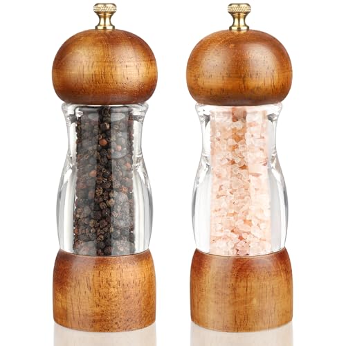 Jepsen Salt and Pepper Grinder Set,Spice Grinder refillable,Manual Wooden Salt and Pepper Mill Set with Adjustable Ceramic core Salt Grinder 2 Pieces