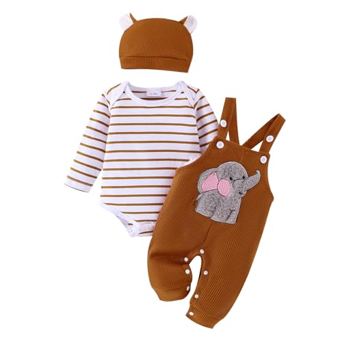 Image of FOCICI Baby Boy Clothes Newborn Striped Romper Fall Outfits + Infant Cartoon Suspender Overall + Cute Hat 3 Pcs 0-18 Months