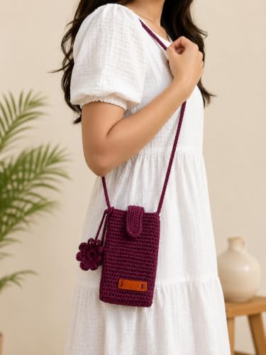 Image of Handmade Crochet Mobile Pouch for Women & Girls | Knitted Phone Holder with Wrist Strap | Cute Floral Aesthetic Mobile Cover Case | Soft Yarn Handmade Gift (Magenta)