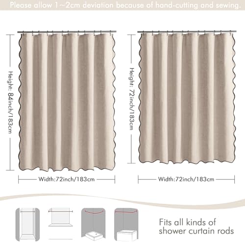 MIULEE Beige 84" Long Scalloped Shower Curtain Linen Textured with 12 Metal Hooks Cute Extra Long Heavy Duty Washable Waterproof Cloth Shower Curtains with Black Border for Bathroom Hotel Bathtub by MIULEE - Image 6