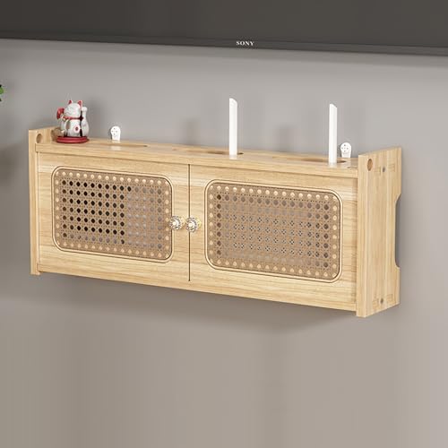 Estante de router de madera y ratán para pared, caja de almacenamiento router WiFi, armario para oficina y hogar, ocultador WiFi fácil de instalar, decoración para casa y oficina(Brown,L60cm/23.6in)
