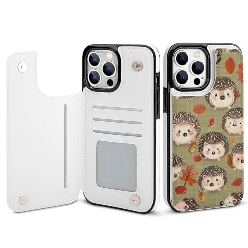 HKMNLEW Many Hedgehogs Print Flip Phone Wallet Case iPhone 13 Pro Max�p PU���U�[���C�ϏՌ��d�b�P�[�X�J�o�[ �J�[�h�z���_�[�t��