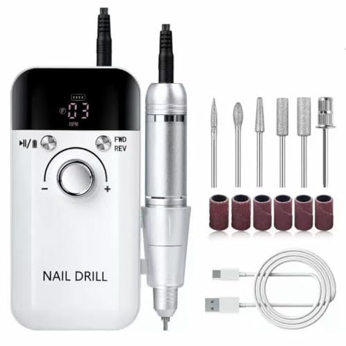 OSYA Electric Nail Drill 40000PRM Portable Rechargeable Nail File Cordless Nail Drill Machine 40 Speeds Hand Foot Care Tool for Nail Grind Trim Polish for Manicure Pedicure Salon Home(WHITE)