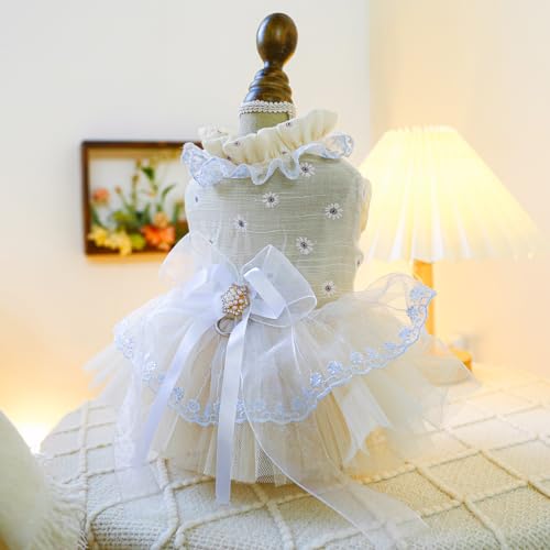 Image of HDKUW Small Dog Dress, Girl Puppy Lace Princess Skirt Tutu Dress with Bowknot,Chihuahua Yorkie Clothes Outfit for Birthday Wedding Party Beige Daisy XS