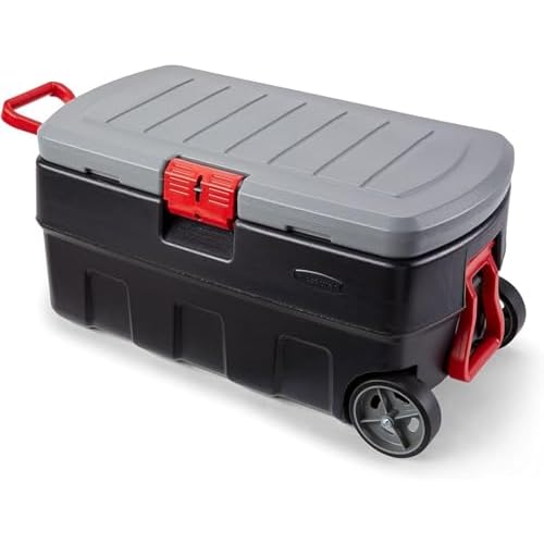 Rubbermaid ActionPacker 35 Gallon, Made in USA, Lockable Plastic Storage Bin with Lid and Wheels- Outdoor, Industrial, Rugged, Camping Gear and Truck Bed Storage – Gray and Black
