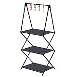 FIELDOOR アウトドア フォールディングラック シェルフ 【マットブラック】 便利な折りたたみ式3段ラック アルミ複合材 ハンガーフック 収納袋付き 軽量 コンパクト キャンプ ソロキャンプ グランピング BBQ