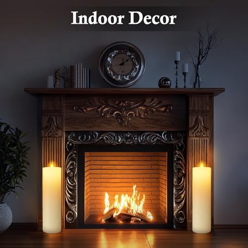 Image of 4 Pack 14 inch x 4 inch Large Outdoor Candles, Waterproof Flickering LED Flameless Candles with Timer, Battery Operated Candles with Remote Control Realistic Fake Pillar for Patio Porch Lanterns, Ivory