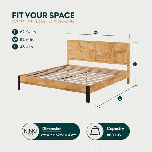 Image of Bme Trapeze King Bed Frame - Modern Solid Wood Bed with Smooth Pattern Headboard, Black Metal Legs, Light Natural Finish - Durable King Size Platform Bed for Contemporary Bedrooms