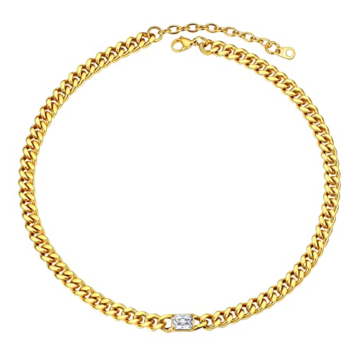 PROSTEEL Gorgeous Cubic Zirconia 7mm Cuban Link Choker 16 inch, Customize Birthstone Chain Jan - Dec 12 Months Available, Silver/Gold/Black 316L Stainless Steel, Come with Box Luxury Gold 02