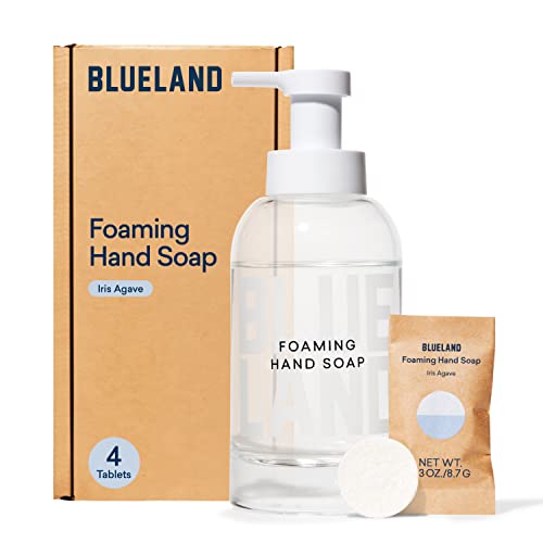 BLUELAND Hand Soap Starter Set – 1 Refillable Glass Foaming Hand Soap Dispenser + 4 Tablets Refills | Iris Agave Scent | Eco Friendly Hand Soap | Makes 4 x 9 Fl oz bottles (36 Fl oz total)