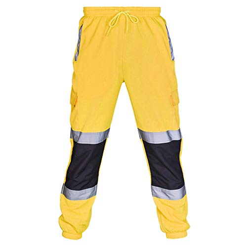 High Visibility Neon Pants for Men,Traffic Work Reflective Tapes Workwear Safety Apparel Drawstring Trousers