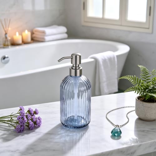 Image of 16 OZ Blue Grey Striped Glass Soap Dispenser with Brushed Nickel Pump