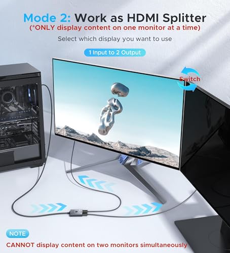 Warrky WARRKY-AV-H03 Hdmi Switch 2 In 1 Out 4K@60Hz, Warrky[With 3.3Ft Fixed Braided Hdmi Cable, Aluminum Case, 2K@144Hz, Hdcp 2.2] Bidirectional 2X1 Switcher Splitter Compatible thumb #3