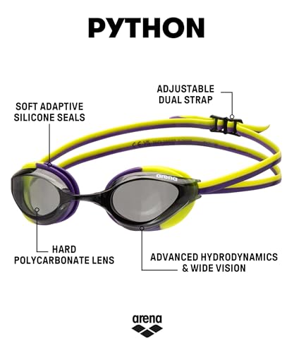 Image of ARENA Unisex Python Racing Swim Goggles for Men and Women Anti-Fog No Leak Max Comfort Dual Strap, Mirror /Non-Mirror Lens