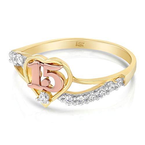 Ioka - 14K Two Tone Solid Gold 15 Years Birthday CZ Heart Quinceanera Ring2