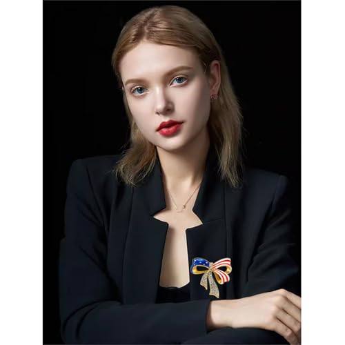 Image of Patriotic USA Flag Brooch Pin for Women Fashion Crystal Blue Red Independence Memorial Day Lapel Pin 4th of July Dress Accessories