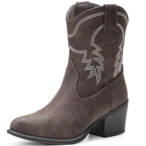 Image of IXU Cowboy Boots for Women Ankle Cowgirl Wide Western Short Booties | Pointed toe & chunky heel, classic embroidered design. Great for travel, festival，and daily life.