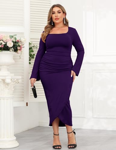 Image of ZOMVA 2024 Plus Size Cocktail Dress Comfortable Bell Sleeves Wedding Guest Square Neck Semi Formal